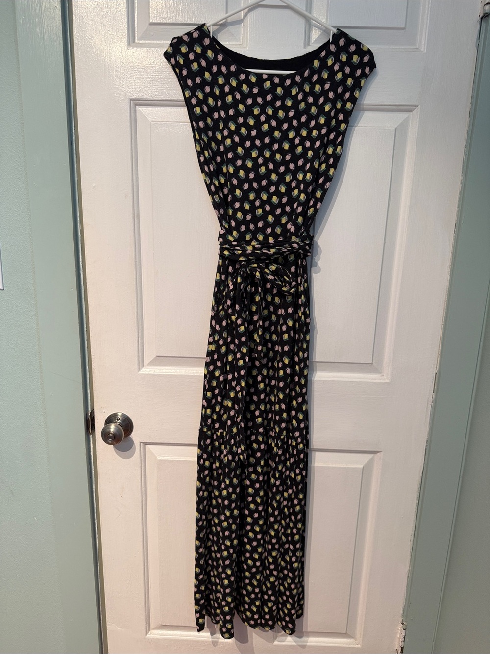 Boden Black Floral Cap-Sleeve Maxi Dress with Tie Waist (6L)